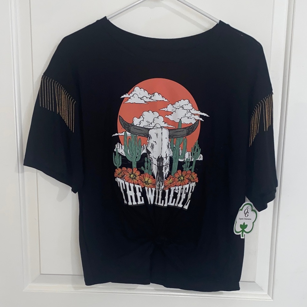 Wildlife Black Graphic Tee with Fringe Sleeves